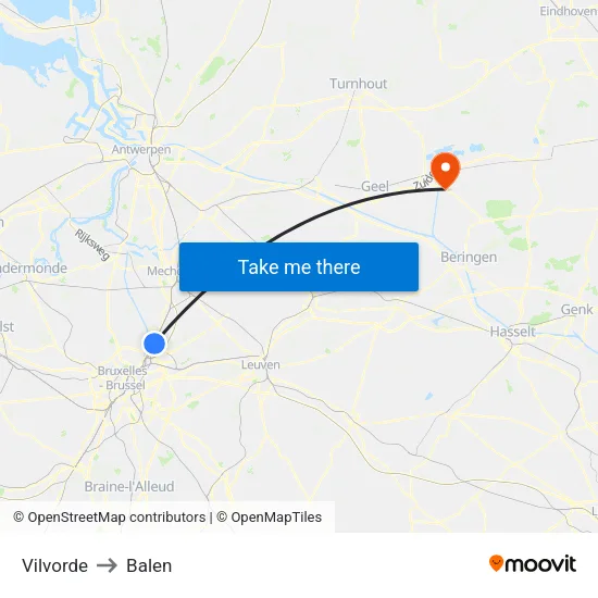 Vilvorde to Balen map