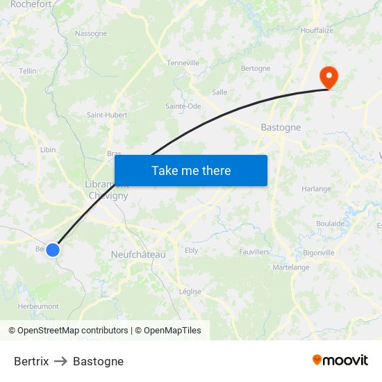 Bertrix to Bastogne map