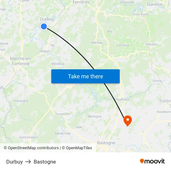Durbuy to Bastogne map