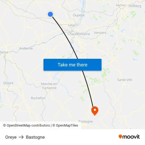 Oreye to Bastogne map