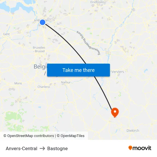 Anvers-Central to Bastogne map