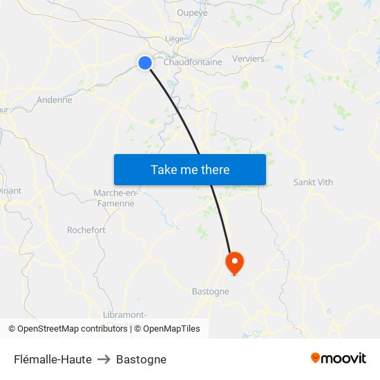 Flémalle-Haute to Bastogne map