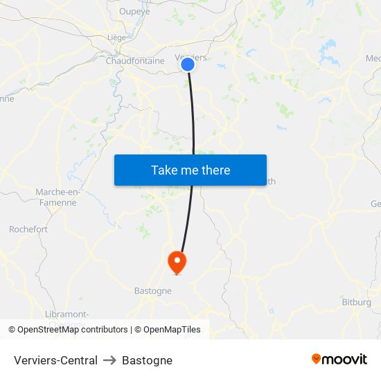 Verviers-Central to Bastogne map