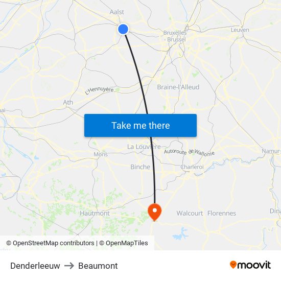 Denderleeuw to Beaumont map