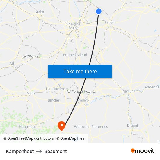 Kampenhout to Beaumont map