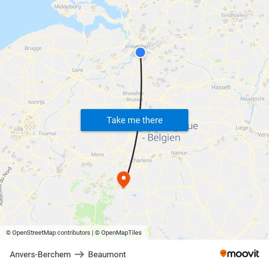 Anvers-Berchem to Beaumont map