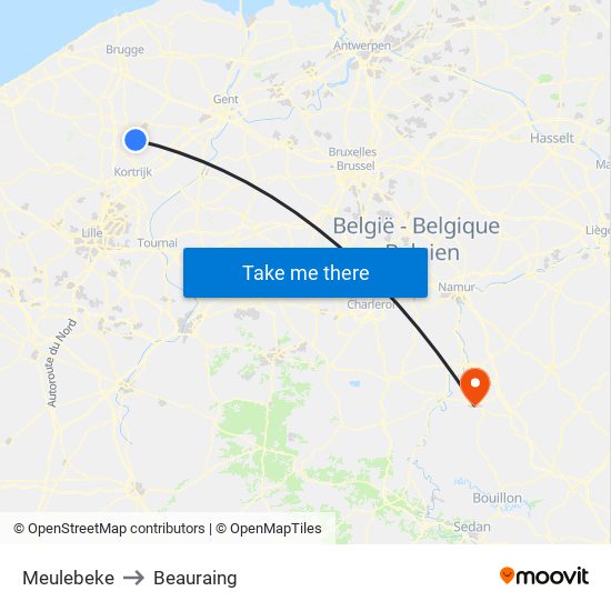 Meulebeke to Beauraing map