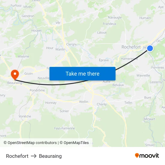 Rochefort to Beauraing map