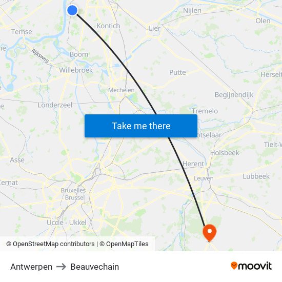 Antwerpen to Beauvechain map