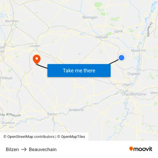 Bilzen to Beauvechain map