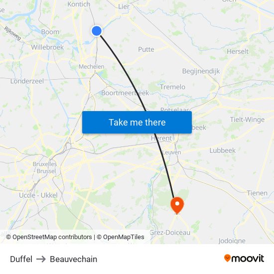 Duffel to Beauvechain map