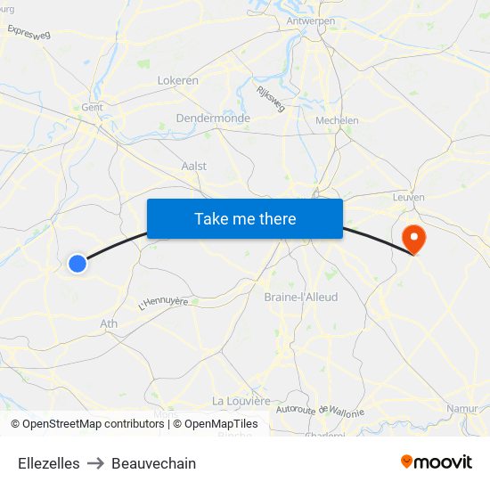 Ellezelles to Beauvechain map