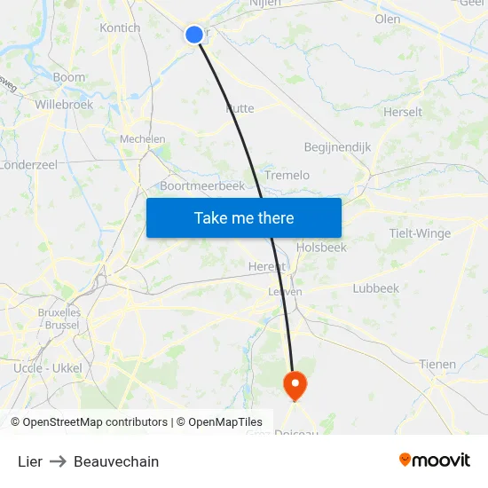 Lier to Beauvechain map