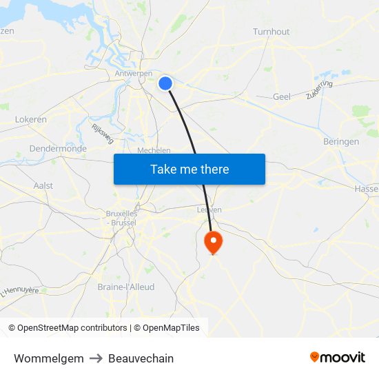 Wommelgem to Beauvechain map