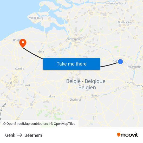 Genk to Beernem map