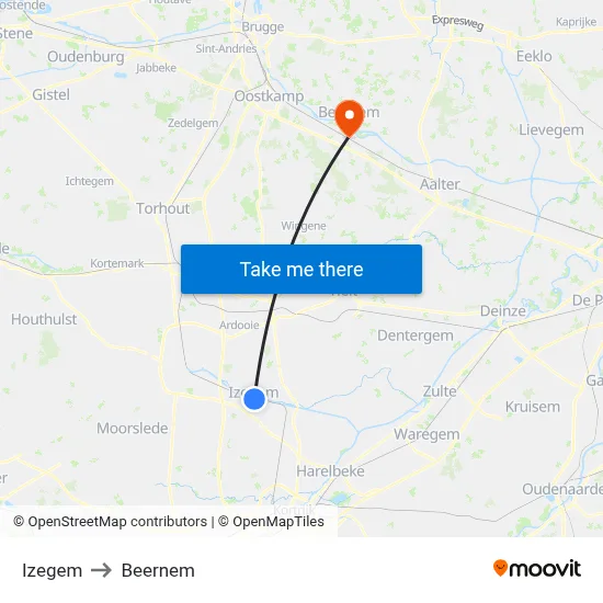 Izegem to Beernem map