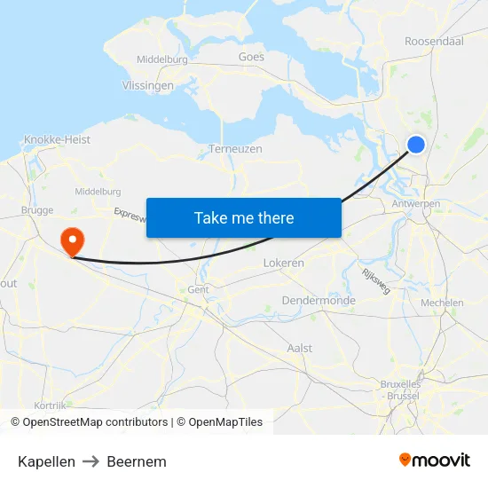 Kapellen to Beernem map