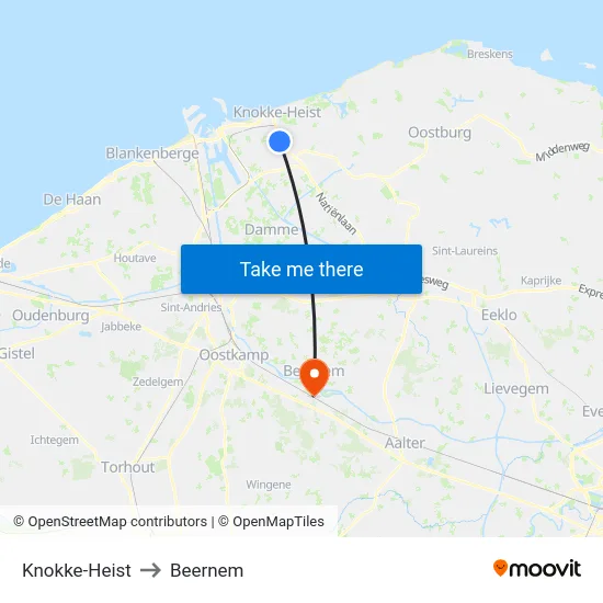 Knokke-Heist to Beernem map