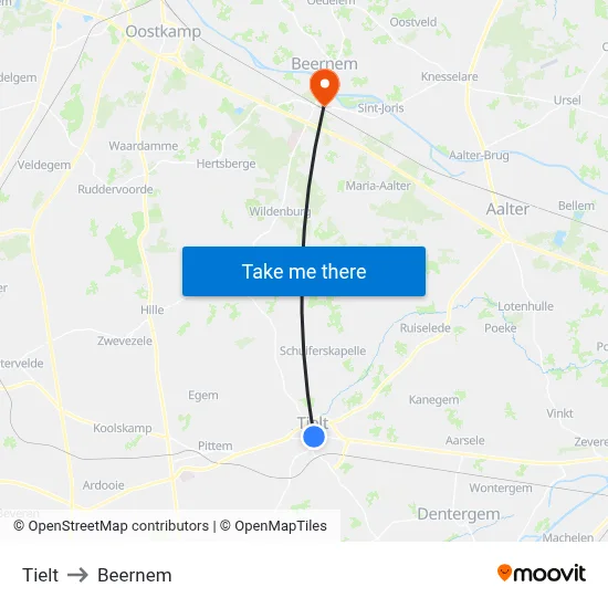 Tielt to Beernem map