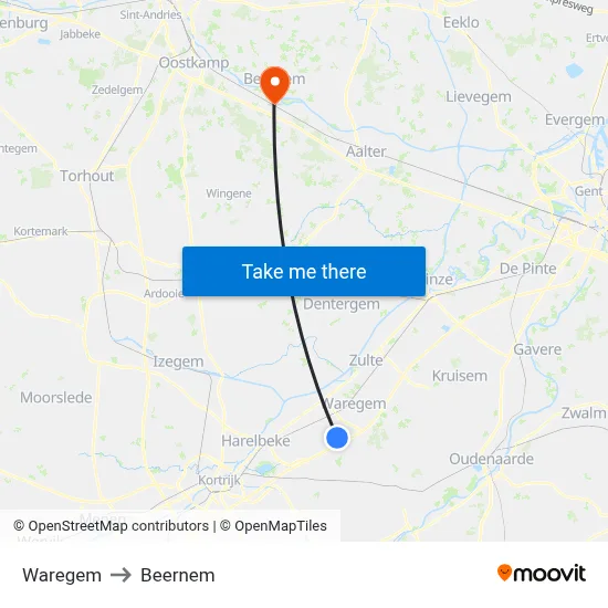 Waregem to Beernem map