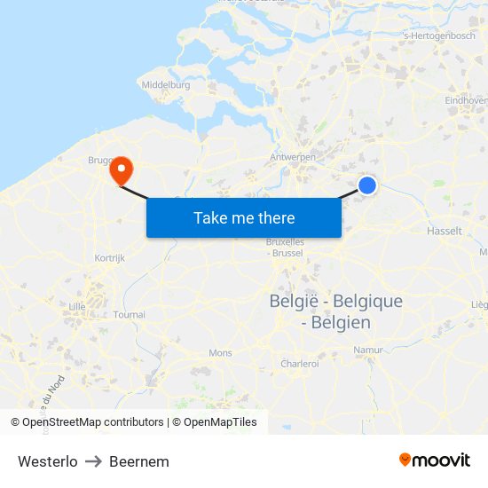 Westerlo to Beernem map