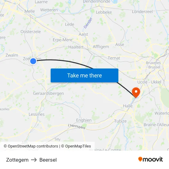 Zottegem to Beersel map