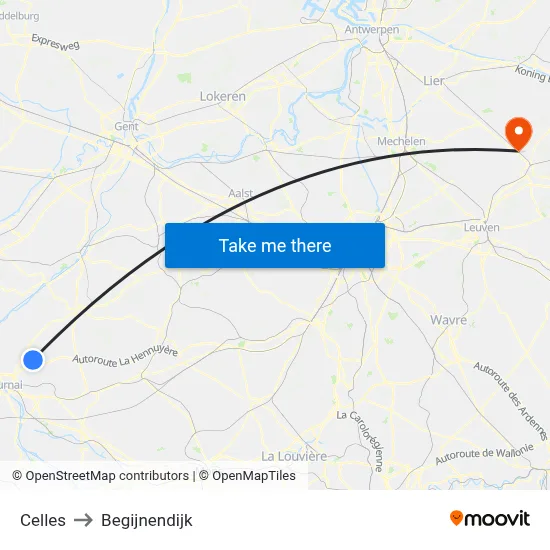 Celles to Begijnendijk map