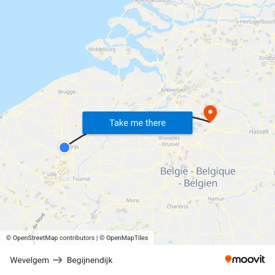 Wevelgem to Begijnendijk map