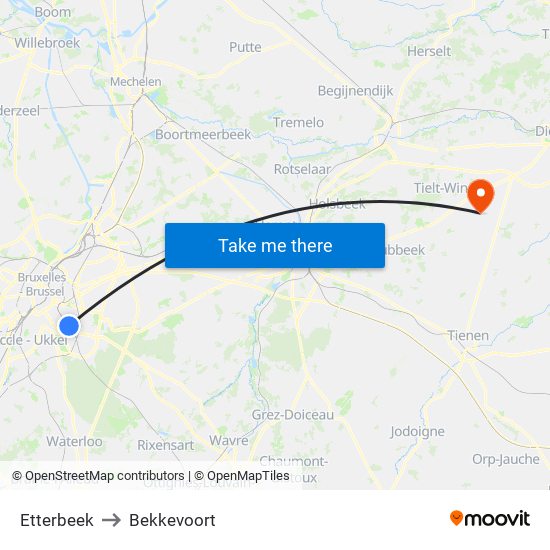 Etterbeek to Bekkevoort map