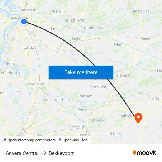 Anvers-Central to Bekkevoort map