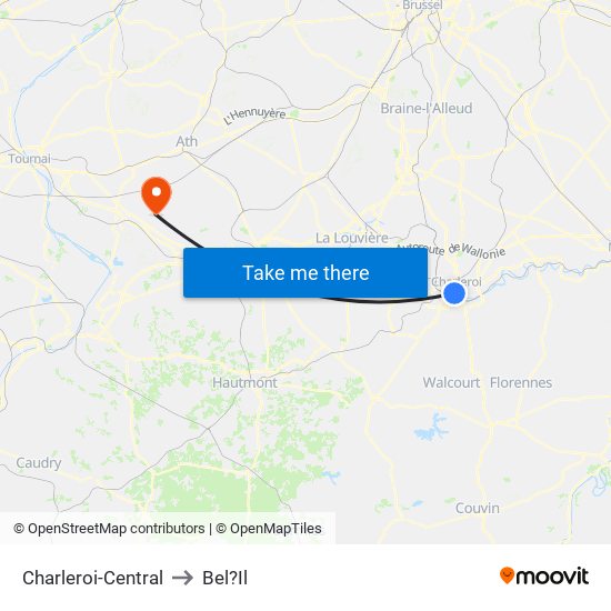 Charleroi-Central to Bel?Il map