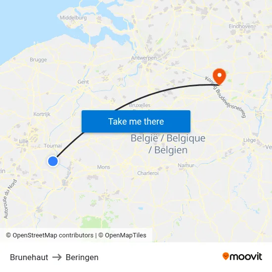 Brunehaut to Beringen map