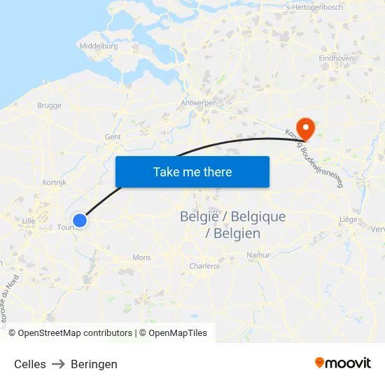 Celles to Beringen map