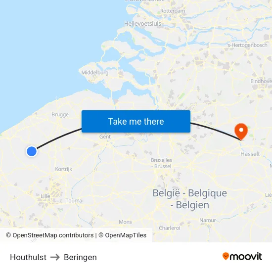 Houthulst to Beringen map