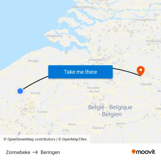 Zonnebeke to Beringen map