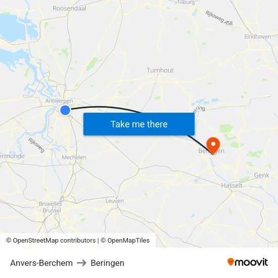Antwerp-Berchem to Beringen map