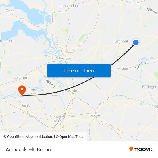 Arendonk to Berlare map