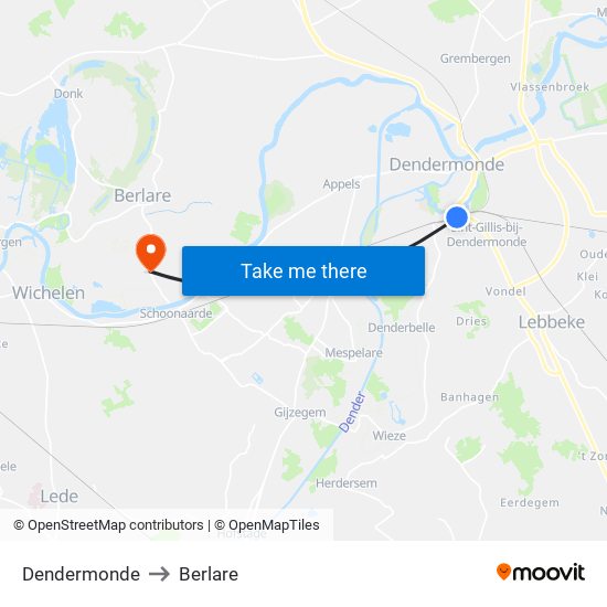 Dendermonde to Berlare map