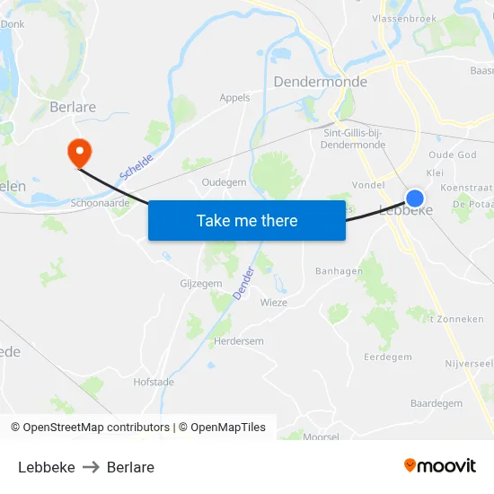 Lebbeke to Berlare map