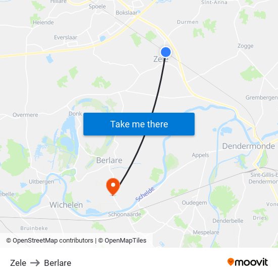 Zele to Berlare map