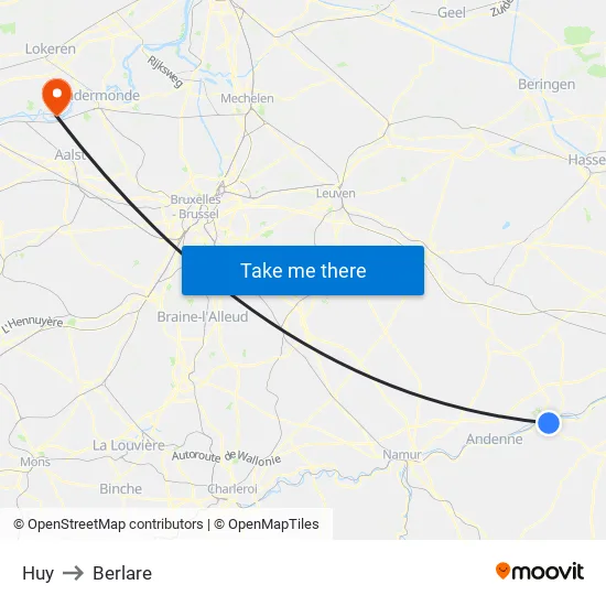 Huy to Berlare map