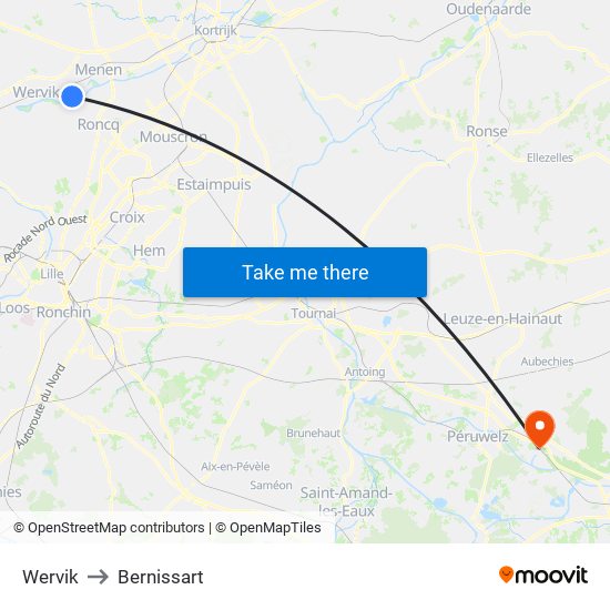 Wervik to Bernissart map
