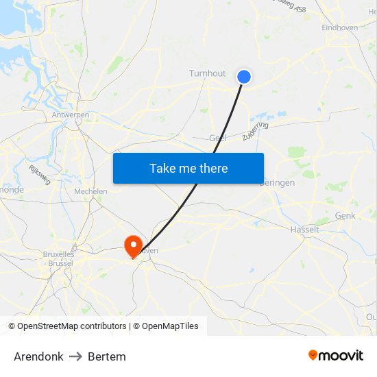 Arendonk to Bertem map