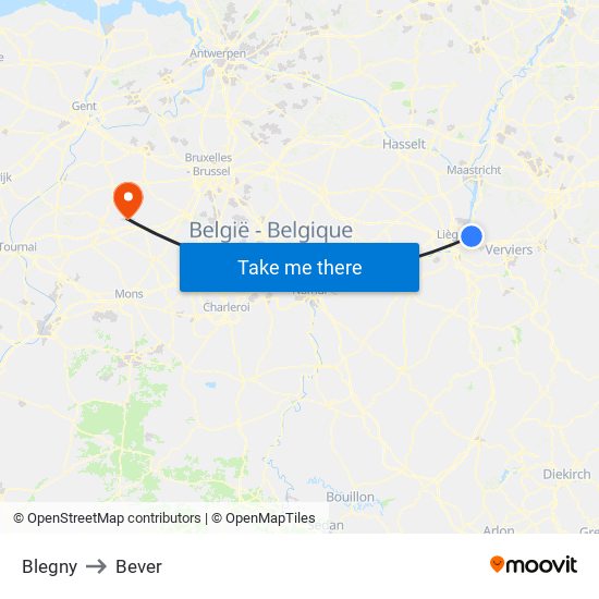 Blegny to Bever map