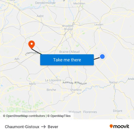 Chaumont-Gistoux to Bever map