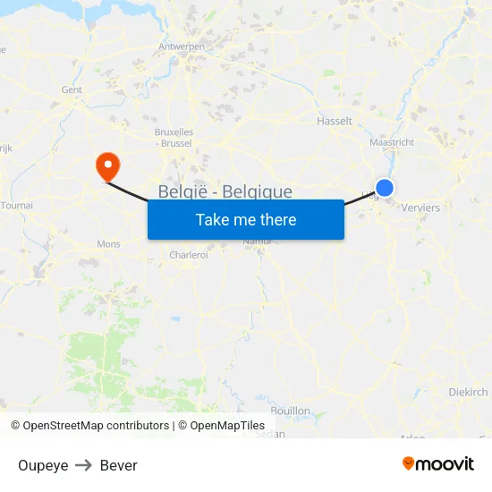 Oupeye to Bever map