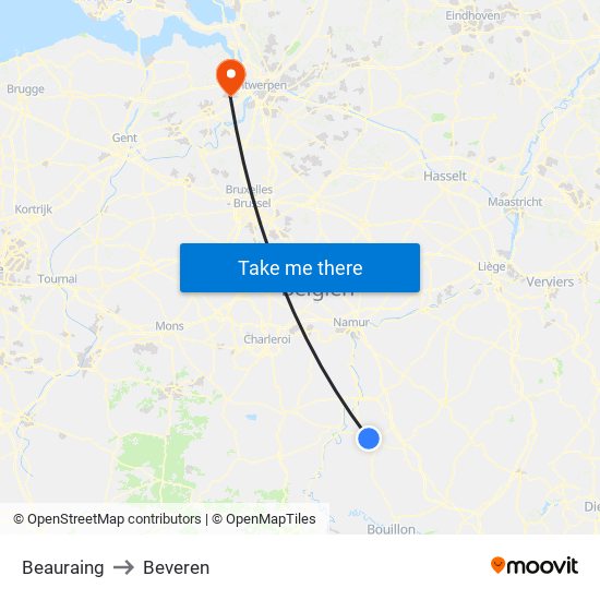 Beauraing to Beveren map