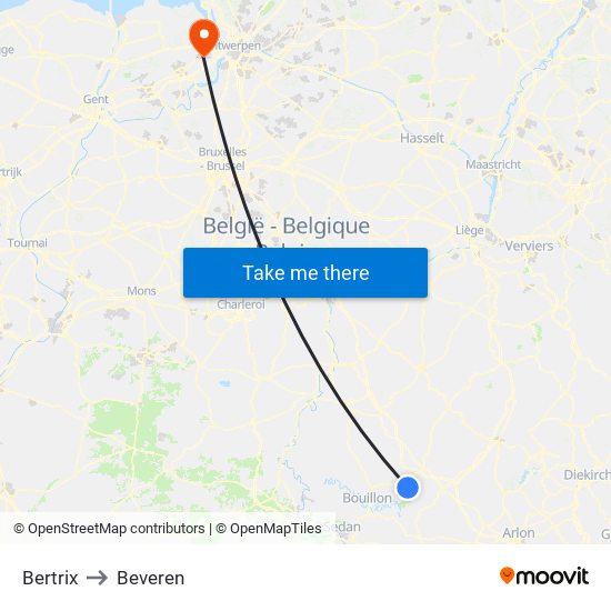 Bertrix to Beveren map