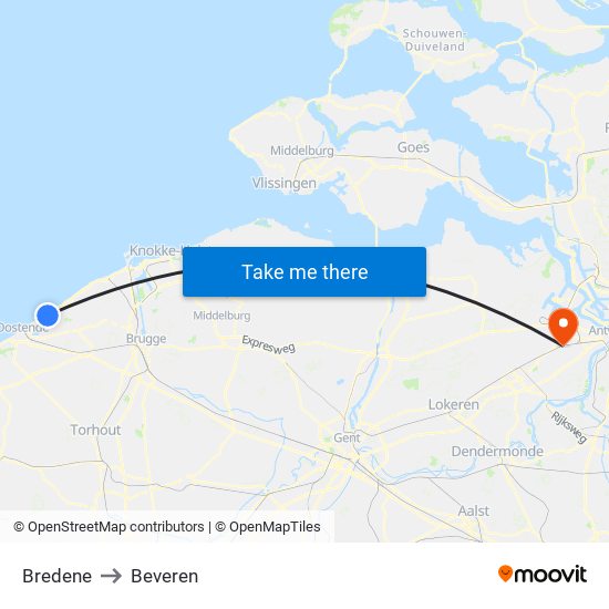 Bredene to Beveren map