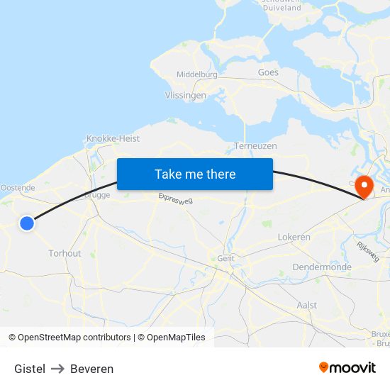 Gistel to Beveren map